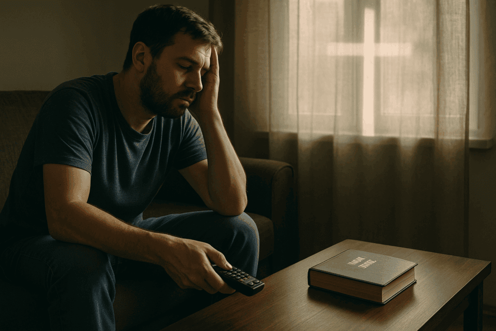 Christian man sitting on a couch with an unopened Bible beside him, symbolizing laziness and the call to spiritual and physical discipline.