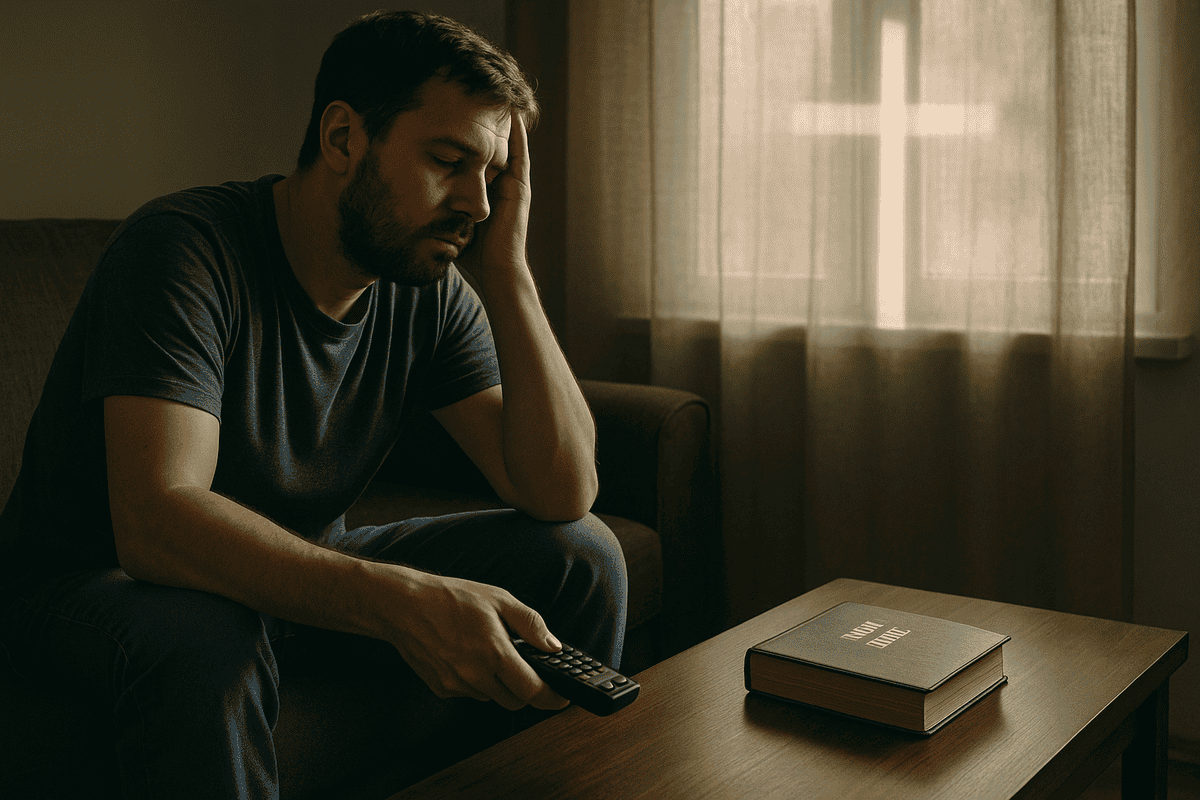 Christian man sitting on a couch with an unopened Bible beside him, symbolizing laziness and the call to spiritual and physical discipline.